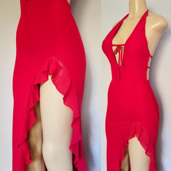 White Fox Boutique Day By Day Maxi Dress in Cherry Red XS Slit Ruffle Plunge Tie - Picture 7 of 11